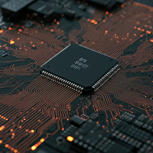 High-tech semiconductor motherboard with glowing data paths